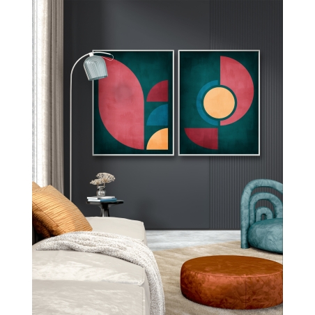 זוג תמונות בסגנון גיאומטרי מודרני בגוונים צהוב/ירוק/אדום דגם - A67002