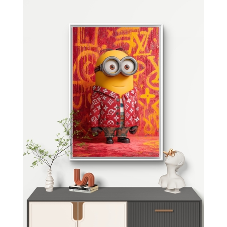 תמונת קנבס צבעונית עם דמות מצוירת בסגנון גרפיטי ואופנה אורבנית על רקע אדום