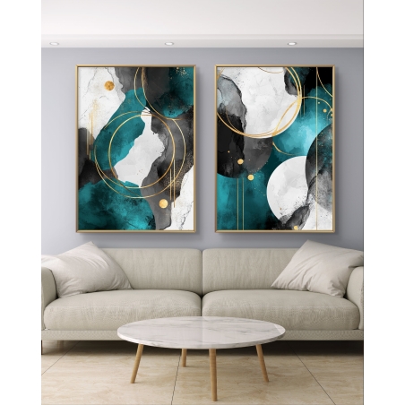 זוג תמונות קנבס בעיצוב גאומטרי מופשט בצבעי טורקיז, שחור, לבן וזהב, מתוך קולקציית תכשיט לבית.