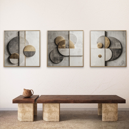 שלישיית תמונות קנבס גאומטריות בגווני אפור וזהב בעיצוב מודרני – מתוך קולקציית NEXTGEN BY BAR של תכשיט לבית.