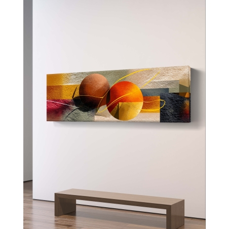 תמונת קנבס פנורמית – כדורים מופשטים בגווני כתום, אדום וזהב על רקע גאומטרי מודרני, בהדפסה חלקה ואיכותית מבית תכשיט לבית.