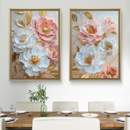 זוג תמונות קנבס תלת-ממדיות עם פרחים בגווני ורוד, לבן וזהב, לעיצוב יוקרתי ומלא רוך לחלל הבית.