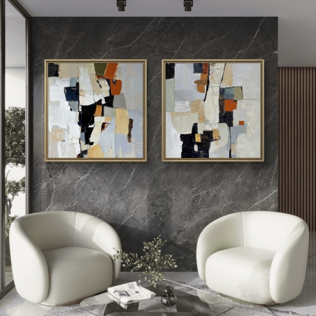 זוג תמונות קנבס אבסטרקטיות בגוונים טבעיים עם קומפוזיציה גיאומטרית, משיכות צבע טקסטורליות בעיצוב מודרני יוקרתי.