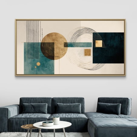 תמונת קנבס גאומטרית לרוחב בעיצוב מודרני עם עיגולים וריבועים בגווני זהב, טורקיז וכחול כהה על רקע בהיר, מודפסת בהדפסה חלקה ואיכותית מבית תכשיט לבית.