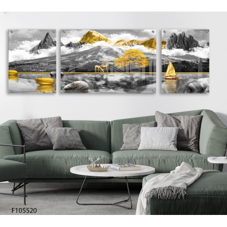 תמונה מעוצבת יוקרתית לפינת אוכל או לסלון בתלת מימד מחולקת ל3 חלקים לסלון או למשרד מודפסת על זכוכית דגם F105520