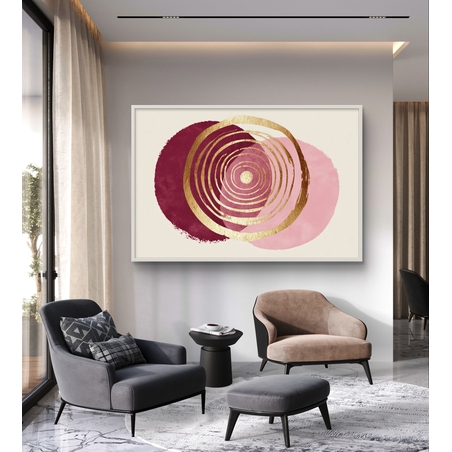 תמונת קנבס רחבה ומרשימה עם קומפוזיציה אבסטרקטית של מעגלים חופפים בגווני בורדו עמוק