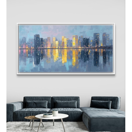 תמונת קנבס של קו רקיע עירוני בגווני כחול וזהב עם השתקפות במים