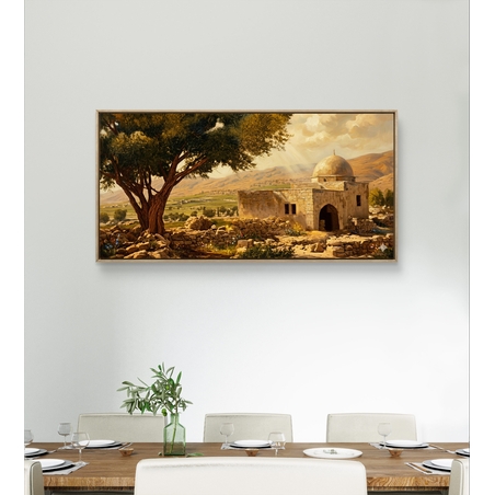 תמונת קנבס לרוחב של קבר רחל אימנו בנוף ארץ ישראלי פתוח עם אור חמים, עץ עתיק ומבנה קדוש – עיצוב רוחני מבית תכשיט לבית