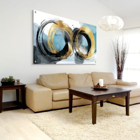 תמונת זכוכית לרוחב בעיצוב אבסטרקטי עם שני עיגולים מוזהבים ושילוב גווני שחור ותכלת מבית תכשיט לבית.