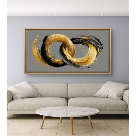 תמונת קנבס לרוחב – שני מעגלים מופשטים בצבעי זהב ושחור על רקע אפור, בהדפסה חלקה ואיכותית מבית תכשיט לבית.