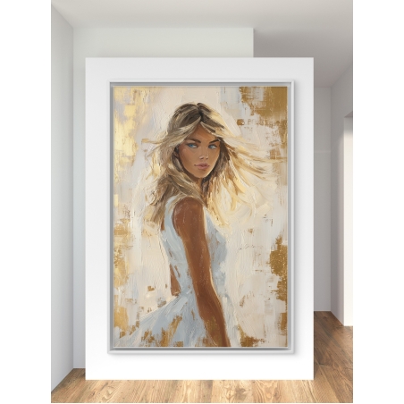 תמונת קנבס יוקרתית של דמות נשית בגווני זהב ולבן בעיצוב אומנותי מודרני, מקולקציית NEXTGEN BY BAR מבית תכשיט לבית.
