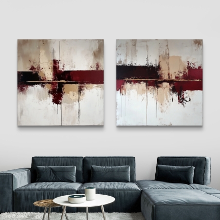 זוג תמונות קנבס מרובעות בגווני בורדו, שמנת וחום בעיצוב מופשט מודרני – מתוך הקולקציה של תכשיט לבית.