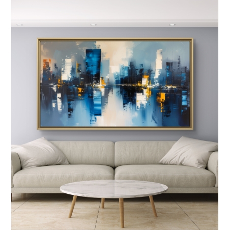 תמונת קנבס אבסטרקטית עם קו רקיע עירוני והשתקפויות בגווני כחול, לבן וכתום מתוך קולקציית תכשיט לבית