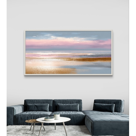 תמונת קנבס לרוחב בסגנון אבסטרקט נופי עם שכבות צבע רכות בגווני תכלת, ורוד ובז’, לעיצוב סלון רגוע ומואר