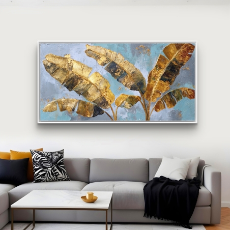 תמונת קנבס יוקרתית עם עלים זהובים על רקע תכלת בעיצוב מודרני מבית תכשיט לבית