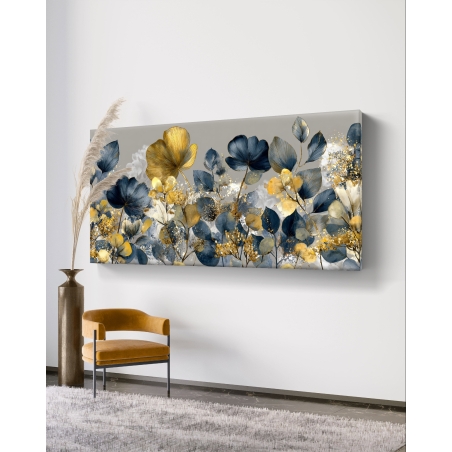 תמונת קנבס לרוחב בעיצוב פרחים בגווני כחול וזהב, הדפסה חלקה ואיכותית מבית תכשיט לבית