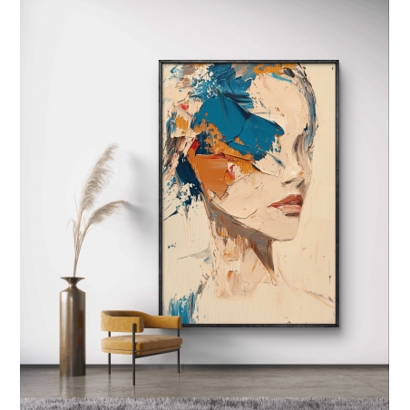 תמונת קנבס אבסטרקטית עם דיוקן של אישה, בציור טקסטורה בגווני כחול, כתום וחול, בסגנון מודרני לבית.