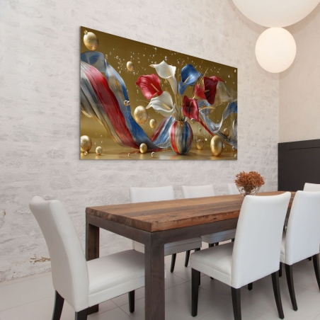 תמונת זכוכית לרוחב עם פרחים בצבעי אדום, לבן וכחול, כדורי זהב ובועות מבריקות בהדפסה חלקה ואיכותית מבית תכשיט לבית.