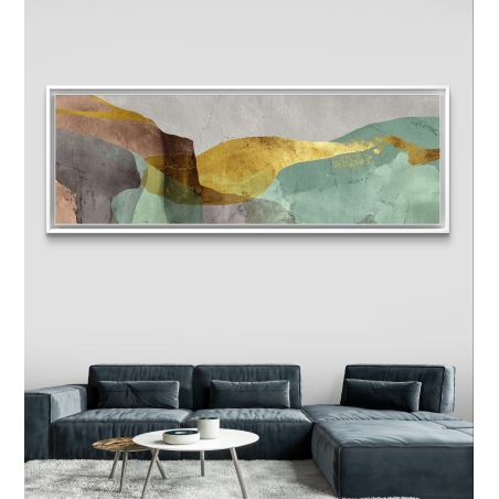 תמונת קנבס פנורמית בסגנון אבסטרקט עם גווני ירוק, חום ואפור בשילוב פסי זהב זורמים, מודפסת בהדפסה חלקה ואיכותית.