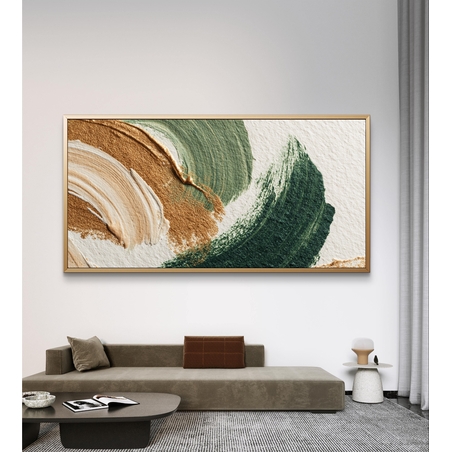 תמונת קנבס אבסטרקטית לרוחב בגווני ירוק, זהב ושמנת עם תנועות מכחול רכות בסגנון מודרני ויוקרתי