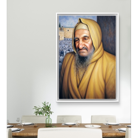 תמונת קנבס של הבבא סאלי לבוש בבגד זהוב, עם רקע של הכותל המערבי והמוני מתפללים, עיצוב רוחני מרגש לבית.