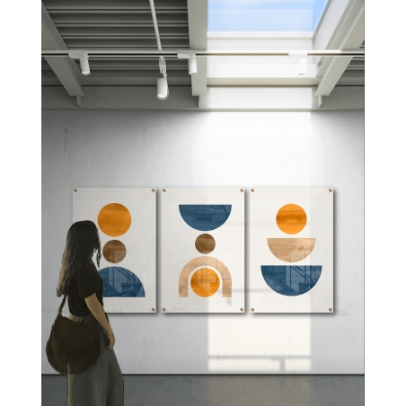 שלישיית תמונות זכוכית לסלון/משרד/פינת אוכל צורות גוונים כחול וכתום דגם - A68503