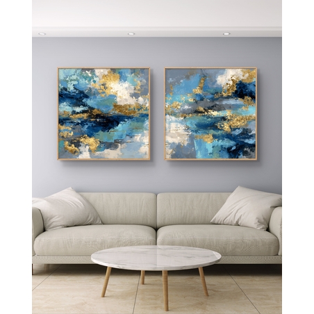 זוג קנבסים מרובעים אמנות מודרנית עם אפקט זהב וכחול עמוק