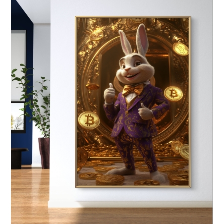 תמונת קנבס של ארנב לבוש חליפה סגולה מהודרת, מוקף במטבעות ביטקוין מוזהבים, בעיצוב מצויר ויוקרתי.