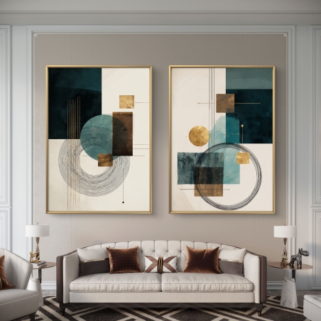 זוג תמונות קנבס גאומטריות בגווני טורקיז, זהב ושחור בהדפסה איכותית מבית תכשיט לבית