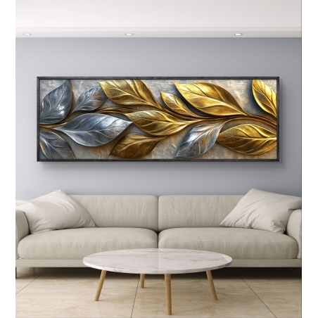 תמונת קנבס פנורמית עם עלים תלת-ממדיים בגווני זהב וכסף, עיצוב יוקרתי ומודרני מקולקציית תכשיט לבית