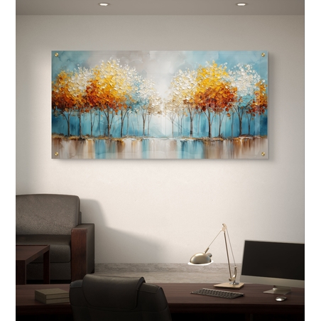 תמונת זכוכית לרוחב עם שדרת עצים בגווני תכלת וזהב המשתקפים במים, בהדפסה חלקה לעיצוב קיר יוקרתי ומרגיע.