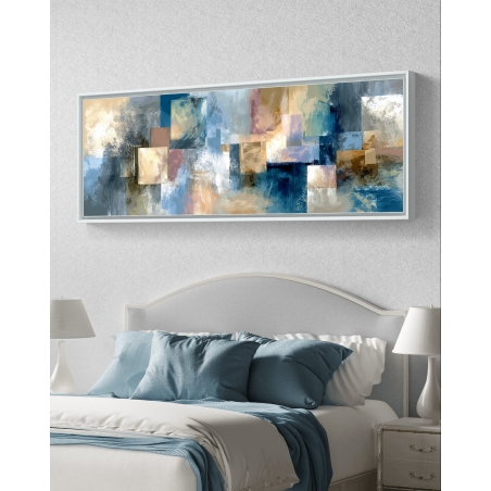 תמונת קנבס פנורמית – עיצוב מופשט גאומטרי בגווני כחול, זהב, בז’ ולבן, בהדפסה חלקה ואיכותית מבית תכשיט לבית.