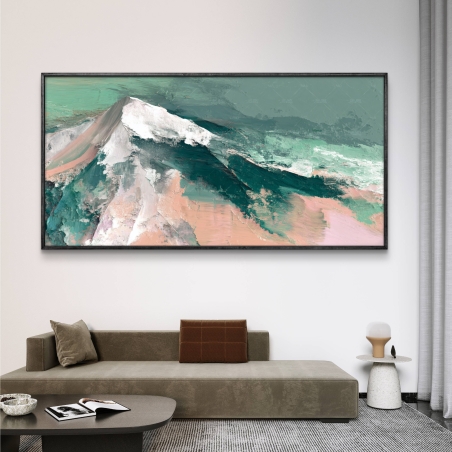 תמונת קנבס לרוחב עם ציור מופשט של הרים בגווני ירוק, טורקיז, ורדרד ולבן, בהדפסה חלקה ואיכותית מבית תכשיט לבית.