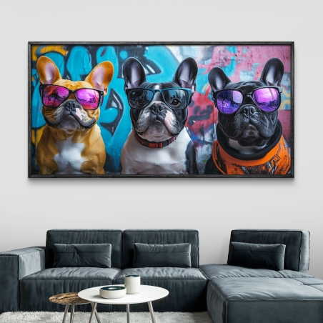 תמונת קנבס מרהיבה המציגה שלושה כלבים עם משקפי שמש ססגוניים, על רקע גרפיטי צבעוני ואווירה עירונית מודרנית.