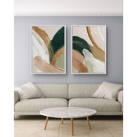 זוג תמונות קנבס מופשטות בגווני ירוק, בז' ולבן במרקם טבעי וחמים מבית תכשיט לבית