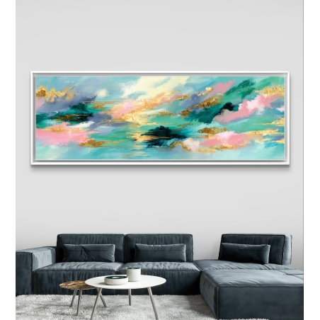 תמונת קנבס פנורמית אבסטרקטית בצבעי טורקיז, ורוד וכחול עם נגיעות זהב, מודפסת בהדפסה חלקה ואיכותית.