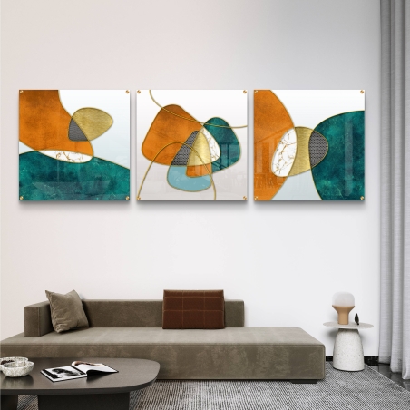 סט של 3 תמונות זכוכית מרובעות בגווני טורקיז, כתום וזהב – איזון גאומטרי