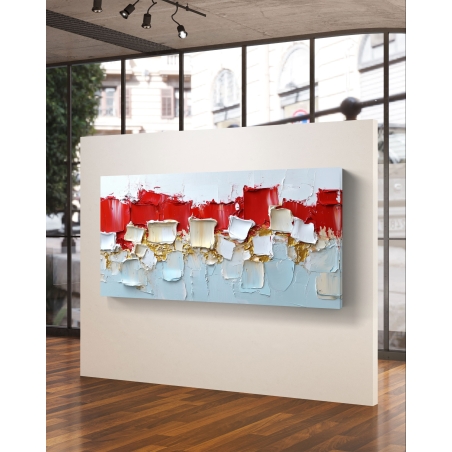 תמונת קנבס ייחודית בעיצוב מופשט עם שכבות צבע בגווני אדום, לבן וזהב, מתאימה להוספת סטייל מודרני ויוקרתי לכל חדר.