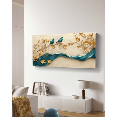 תמונת קנבס עם ציפורים כחולות על ענפי זהב ונהר בגווני כחול וזהב, לעיצוב יוקרתי ורגוע בחלל הבית.