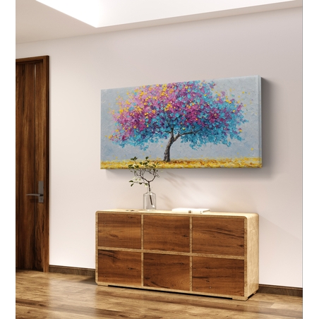 תמונת קנבס לרוחב של עץ פורח בצבעי ורוד ותכלת בסגנון אומנותי לעיצוב הבית