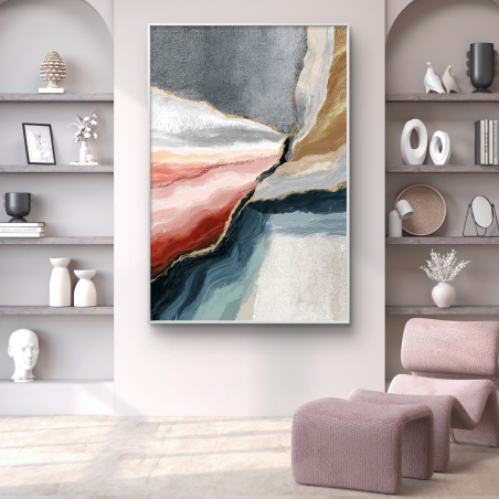תמונה קנבס בעיצוב אבסטרקטי עומד בגווני ורוד, אפור וזהב, עם קווים רכים ומרקם מרגיע – מתוך קולקציית תכשיט לבית