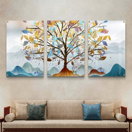 שלישיית תמונות זכוכית עם עץ מרובה עלים צבעוניים על רקע נוף הרים ערפילי בגווני תכלת, סגול וזהב – חלק מקולקציית תכשיט לבית