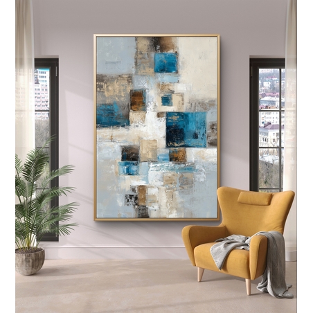 ציור אבסטרקטי בגווני כחול ובז על קנבס