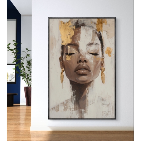 תמונת קנבס של דיוקן אישה עם עיניים עצומות, עגילים ונגיעות זהב מופשטות – אמנות מודרנית בסגנון אלגנטי ונשי.