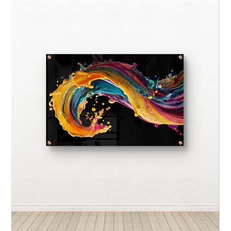 תמונת זכוכית אבסטרקטית עם גל צבעוני דינמי בגווני זהב, טורקיז וורוד בעיצוב מודרני