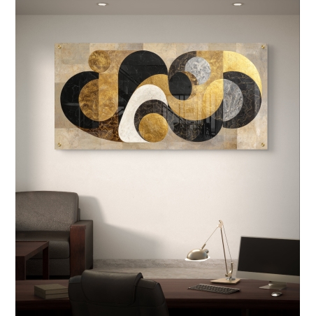 תמונת זכוכית לרוחב בעיצוב גאומטרי מופשט עם צורות עגולות בגווני שחור, זהב, לבן ואפור-שיש, מודפסת על זכוכית חלקה ומבריקה.