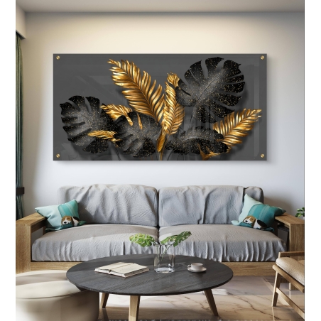 תמונת זכוכית יוקרתית עם עלים שחורים וזהובים בעיצוב מודרני ומבריק מבית תכשיט לבית