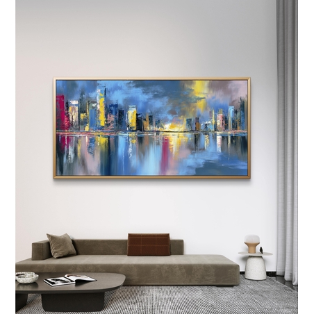 תמונת קנבס אורבנית צבעונית עם סקייליין והשתקפויות בגווני כחול וצהוב בסגנון ציורי