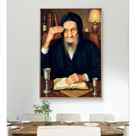 תמונת קנבס אומנותית של הבבא סאלי יושב ליד שולחנו, עם ספר קדוש פתוח, כוס קידוש ונרות ברקע. יצירה המשדרת קדושה, חוכמה וברכה, מתאימה לבית יהודי, בתי כנסת וחללים רוחניים.