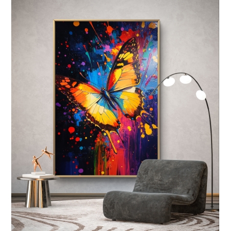 תמונת קנבס עם פרפר צבעוני גדול על רקע התזות צבע ססגוניות, עיצוב אמנותי עוצמתי ומלא חיים לבית ולמשרד.